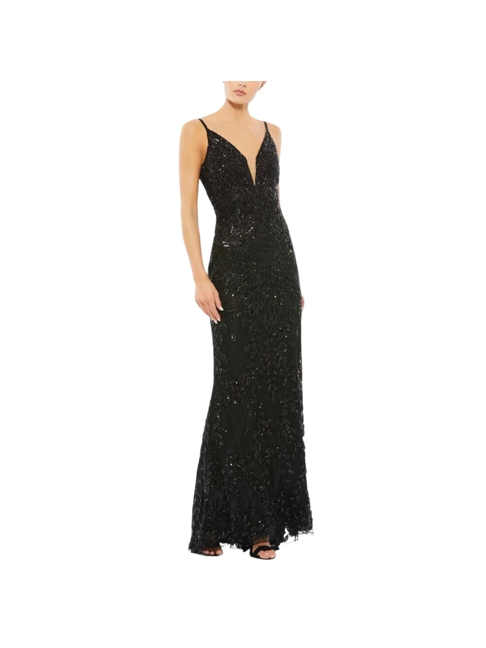 Mac Duggal 5107 Black Evening Gown Sequin Sleeveless V-Neck Column Dress Size 10